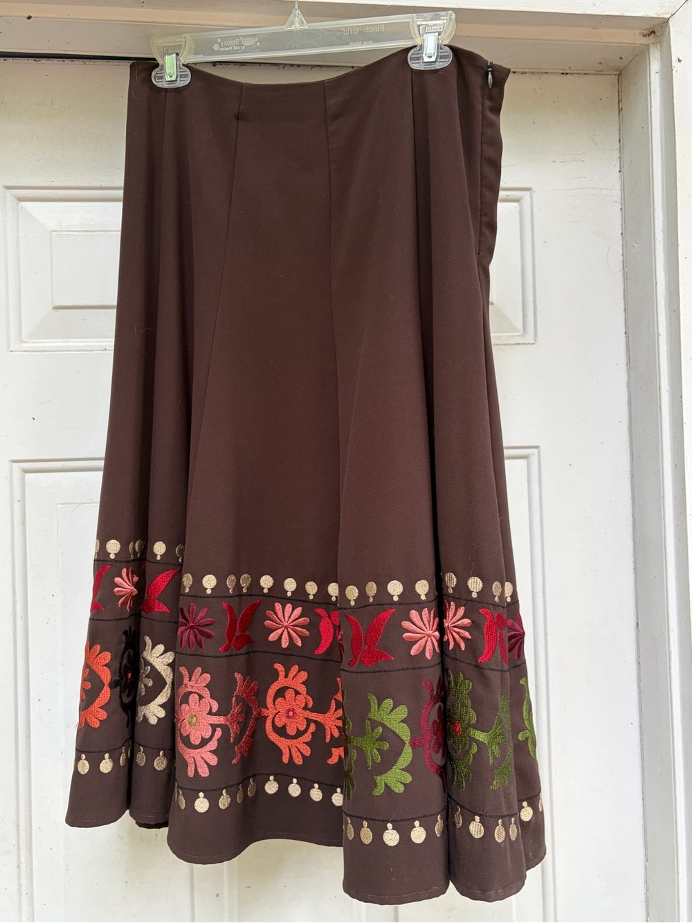 Sunny Leigh Brown Skirt with Multicolor Floral Embroidery